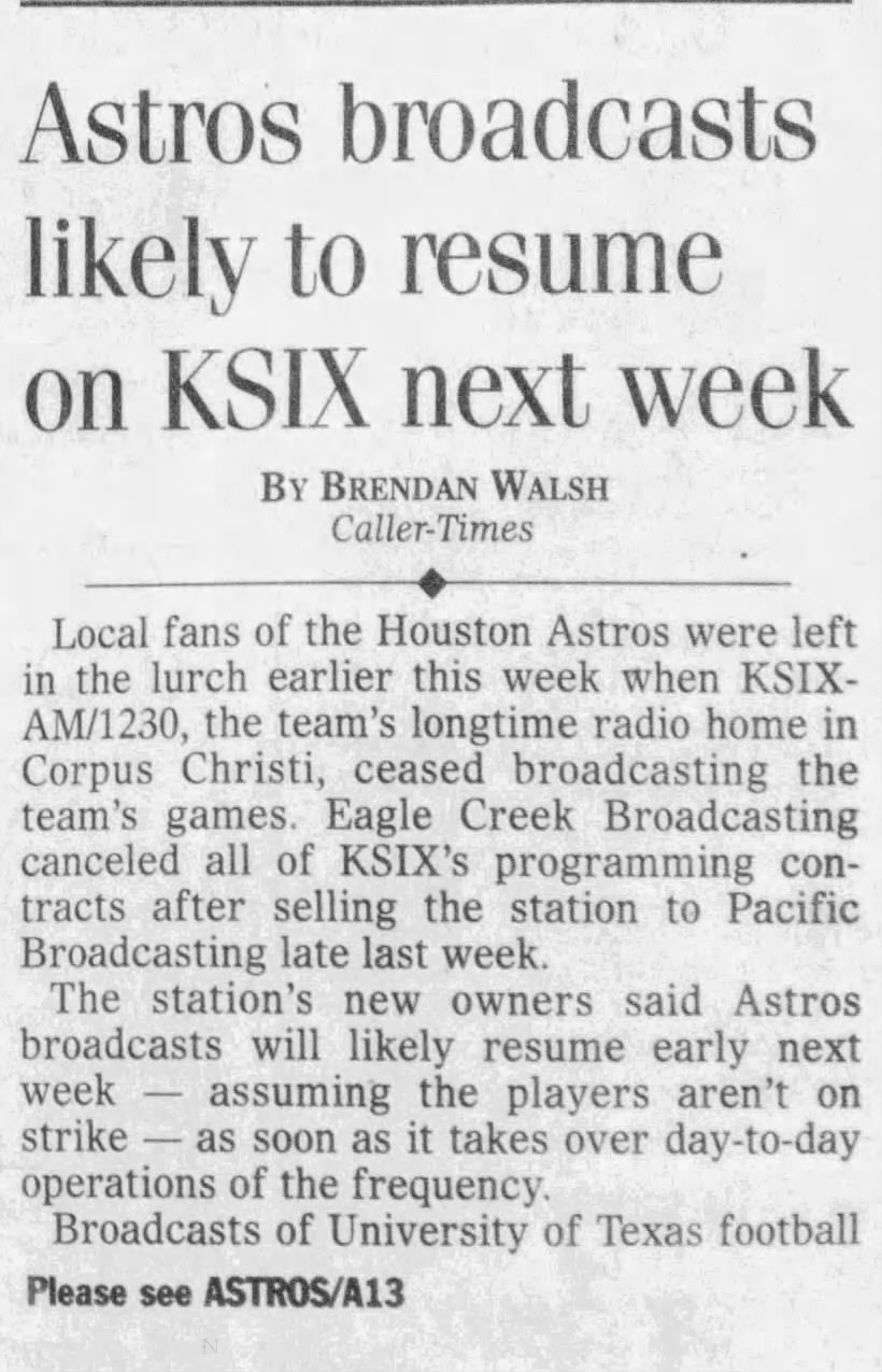 Astros broadcasts likely to resume on KSIX next week