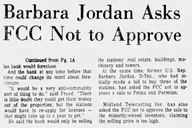 Barbara Jordan Asks FCC Not to Approve
