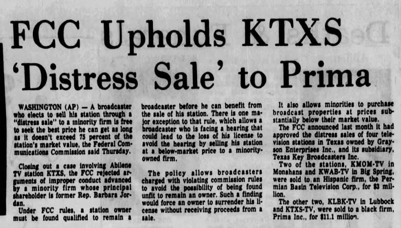 FCC Upholds KTXS 'Distress Sale' to Prima