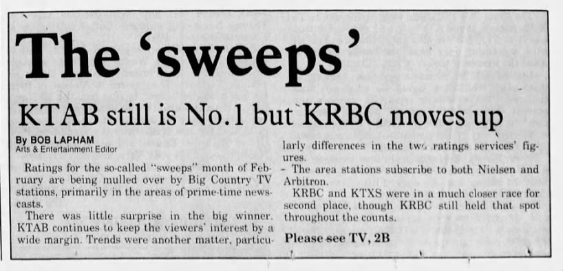 The 'sweeps': KTAB still is No. 1 but KRBC moves up