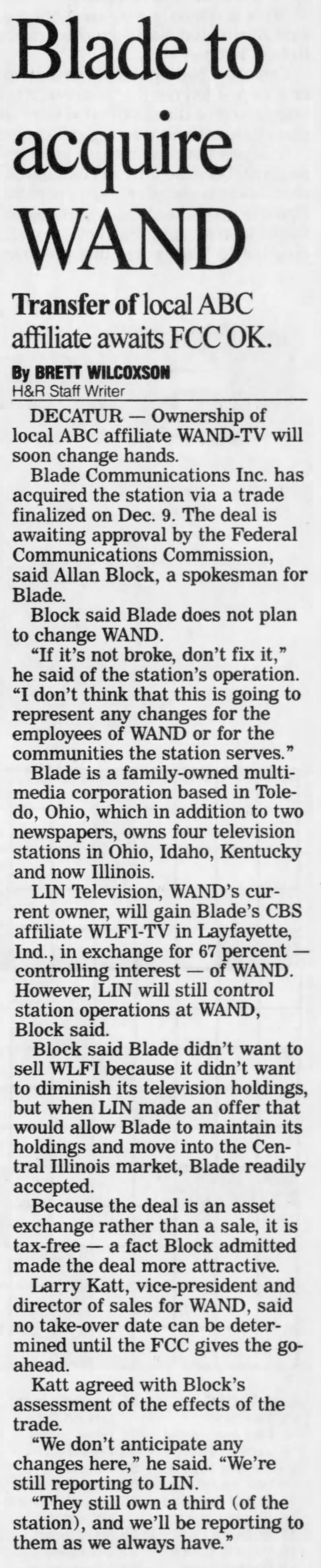 Blade to acquire WAND: Transfer of local ABC affiliate awaits FCC OK