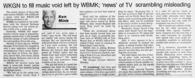 WKGN to fill music void left by WBMK; 'news' of TV scrambling misleading
