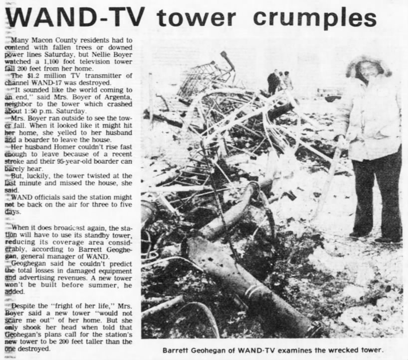 WAND-TV tower crumples