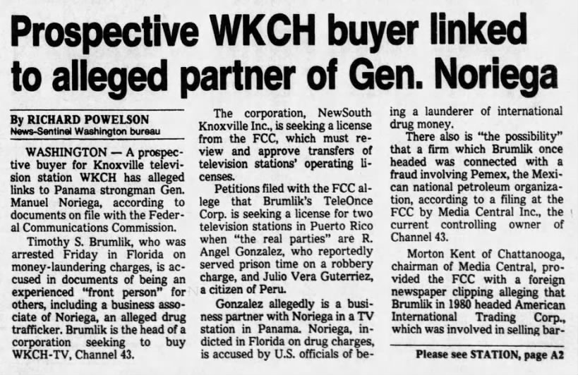 Prospective WKCH buyer linked to alleged partner of Gen. Noriega