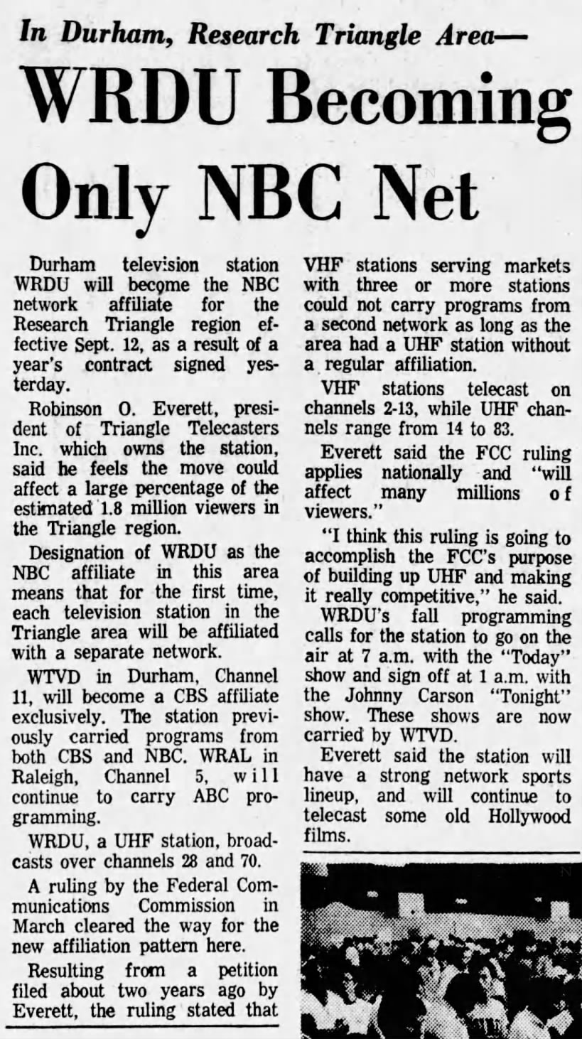 In Durham, Research Triangle Area—WRDU Becoming Only NBC Net
