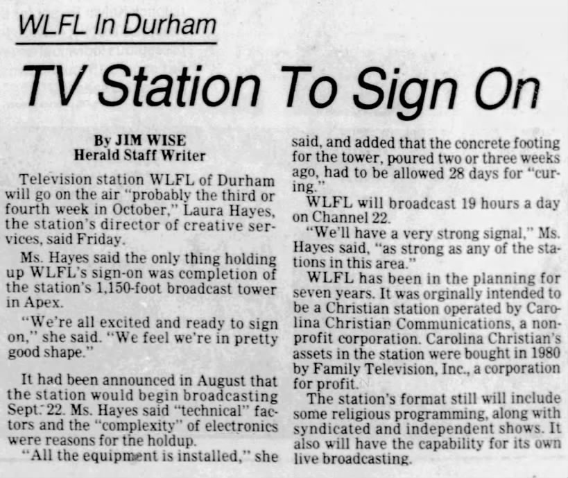 WLFL In Durham: TV Station To Sign On