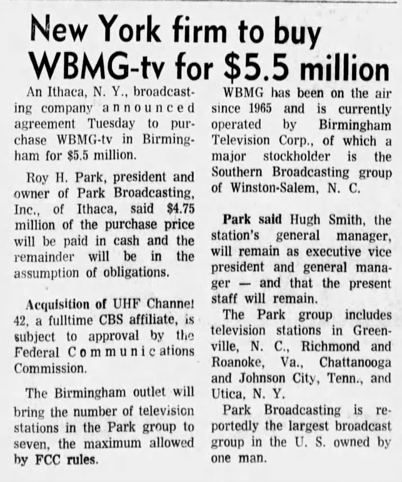 New York firm to buy WBMG-tv for $5.5 million