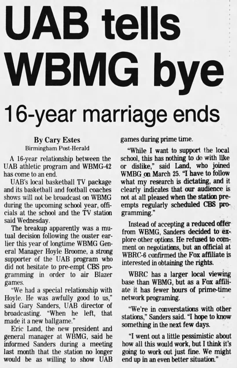 UAB tells WBMG bye: 16-year marriage ends