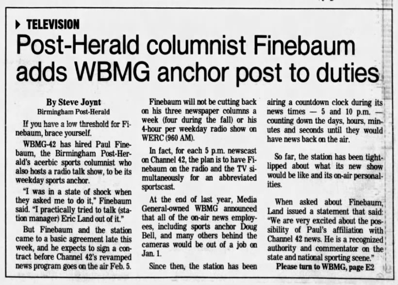 Post-Herald columnist Finebaum adds WBMG anchor post to duties