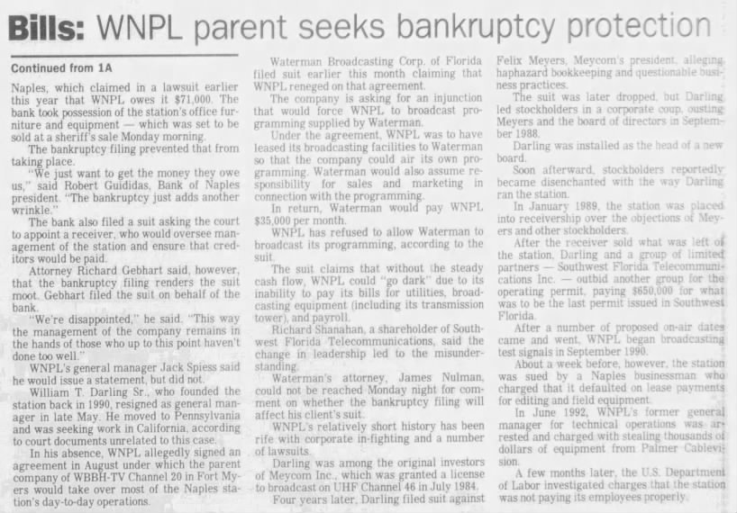Bills: WNPL parent seeks bankruptcy protection