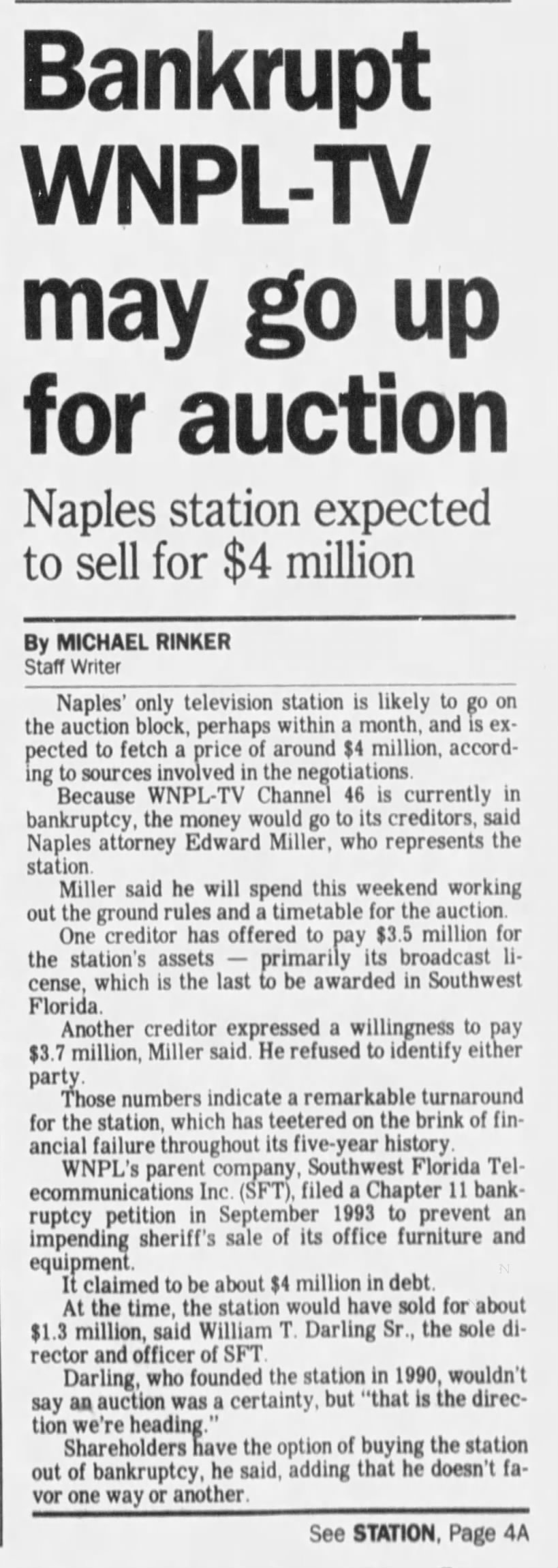 Bankrupt WNPL-TV may go up for auction: Naples station expected to sell for $4 million