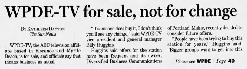 WPDE-tV for sale, not for change
