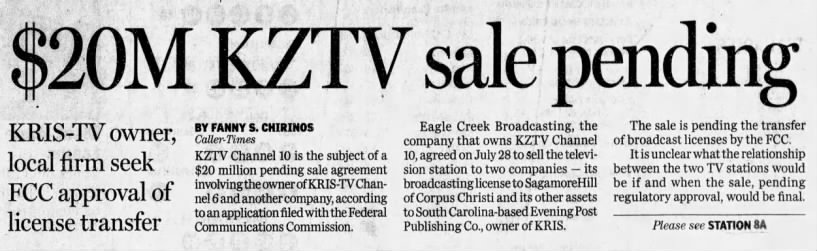 $20M KZTV sale pending: KRIS-TV owner, local firm seek FCC approval of license transfer