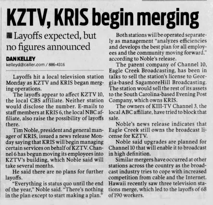 KZTV, KRIS begin merging: Layoffs expected, but no figures announced