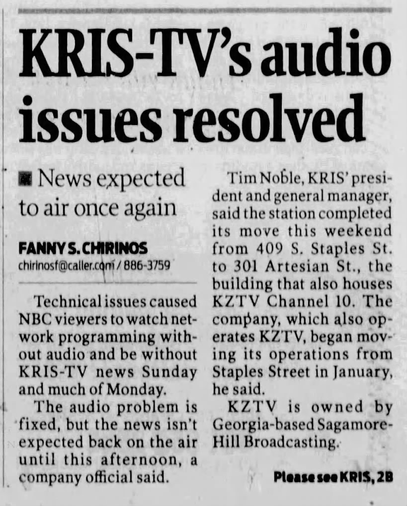 KRIS-TV's audio issues resolved