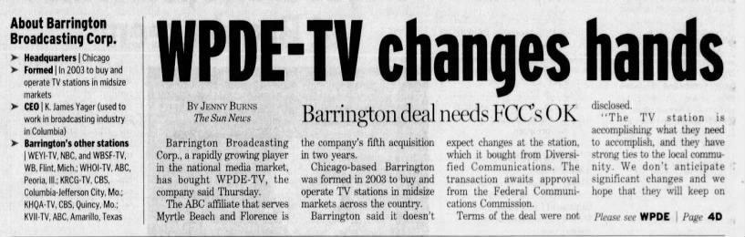 WPDE-TV changes hands: Barrington deal needs FCC's OK