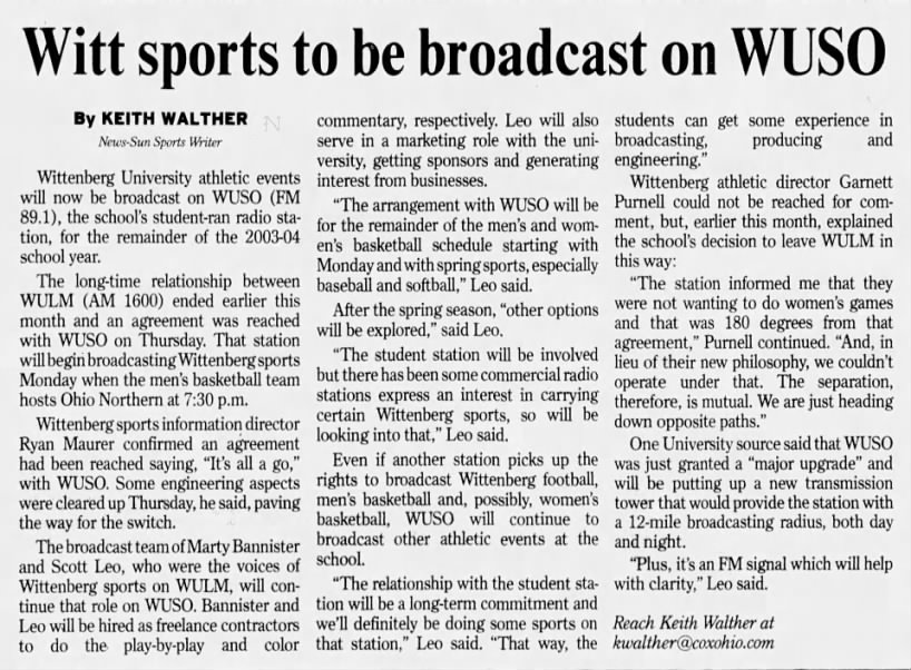 Witt sports to be broadcast on WUSO