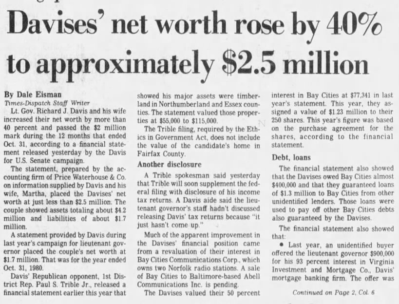 Davises' net worth roe by 40% to approximately $2.5 million
