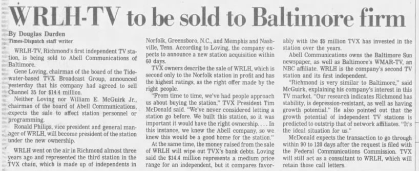 WRLH-TV to be sold to Baltimore firm