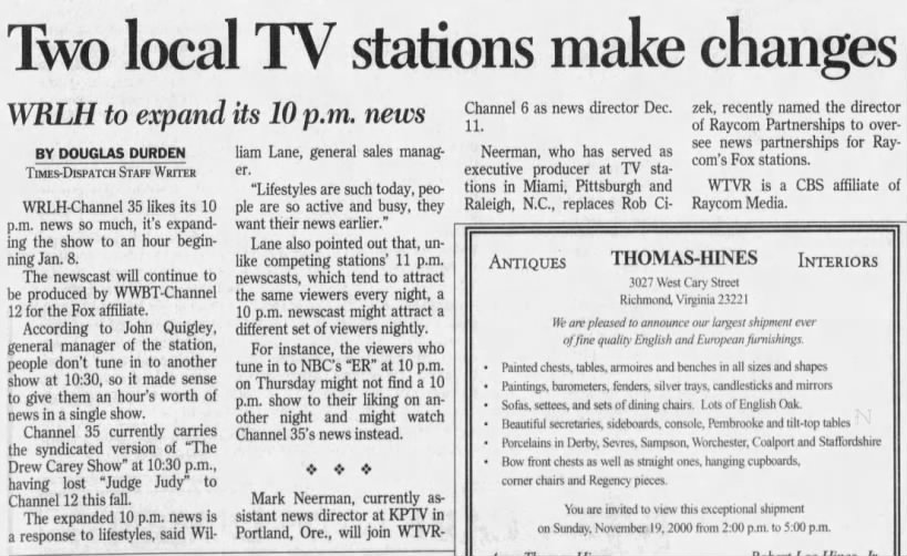 Two local TV stations make changes: WRLH to expand its 10 p.m. news