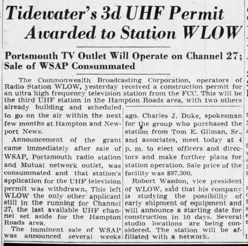Tidewater's 3d UHF Permit Awarded to Station WLOW: Portsmouth TV Outlet Will Operate on Channel 27; 