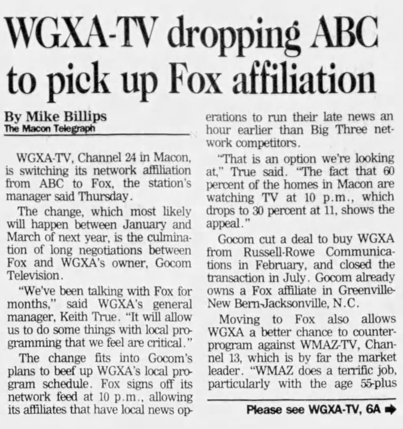 WGXA-TV dropping ABC to pick up Fox affiliation