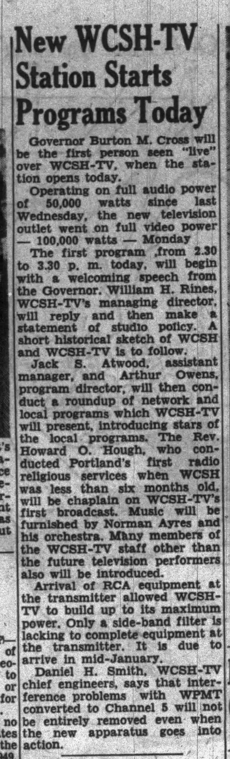 New WCSH-TV Station Starts Programs Today