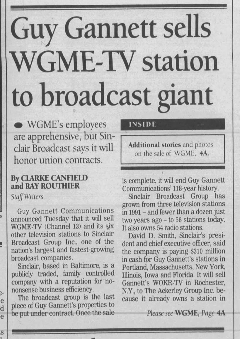Guy Gannett sells WGME-TV station to broadcast giant
