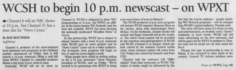 WCSH to begin 10 p.m. newscast—on WPXT