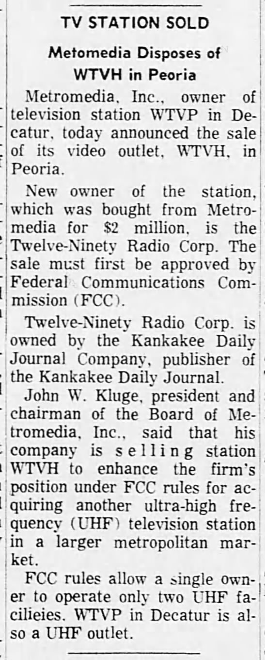 TV Station Sold: Metromedia Disposes of WTVH in Peoria