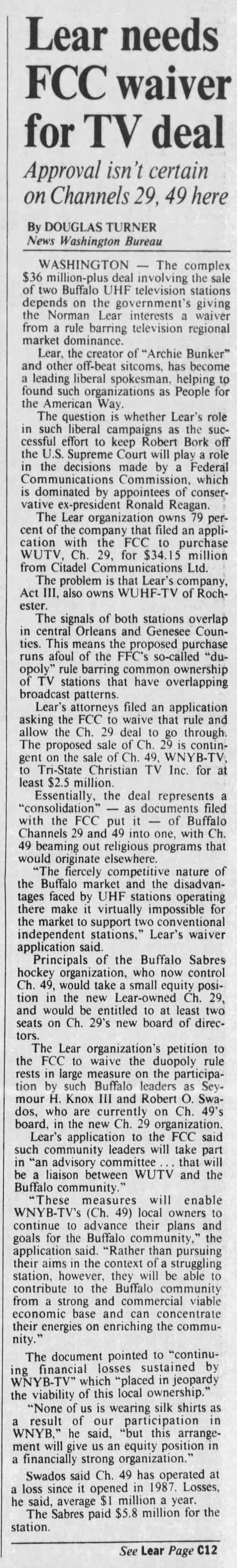 Lear needs FCC waiver for TV deal: Approval isn't certain on Channels 29, 49 here