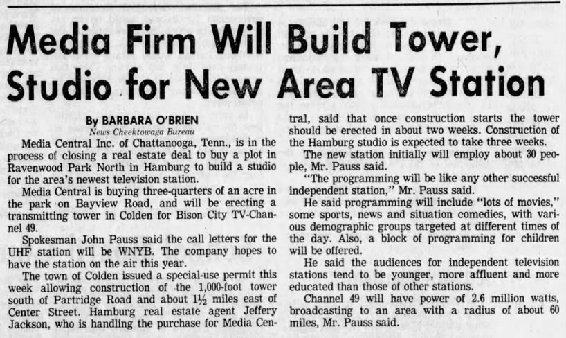 Media Firm Will Build Tower, Studio for New Area TV Station