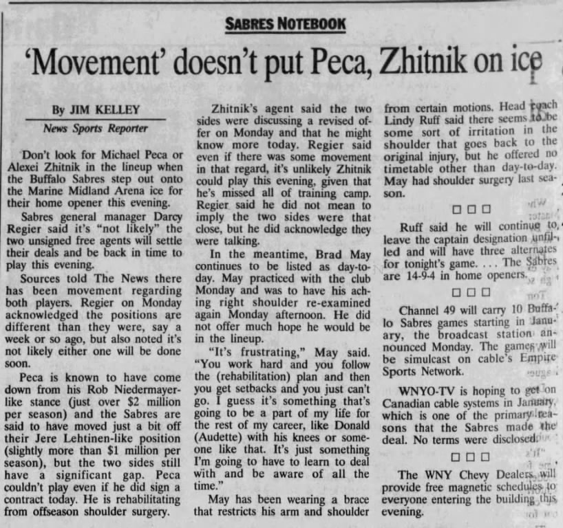 Sabres Notebook: 'Movement' doesn't put Peca, Zhitnik on ice