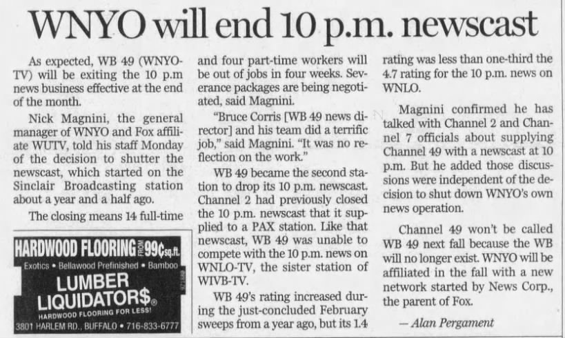 WNYO will end 10 p.m. newscast