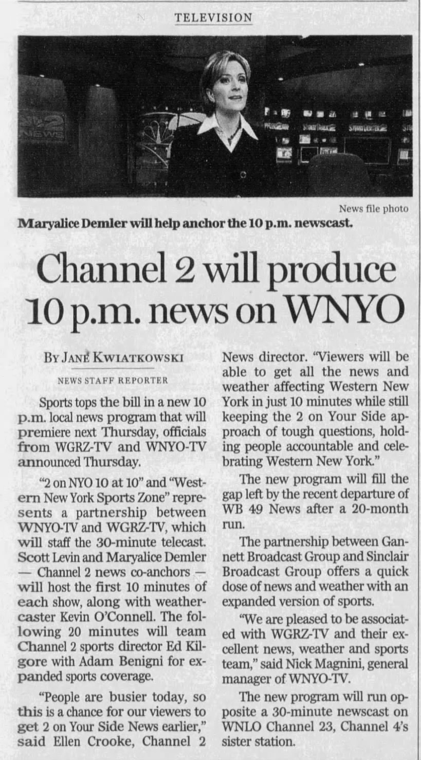 Channel 2 will produce 10 p.m. news on WNYO