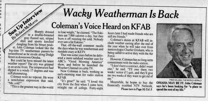Wacky Weatherman Is Back: Coleman's Voice Heard on KFAB