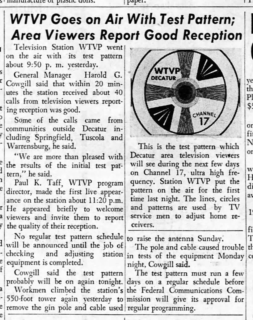 WTVP Goes on Air With Test Pattern; Area Viewers Report Good Reception