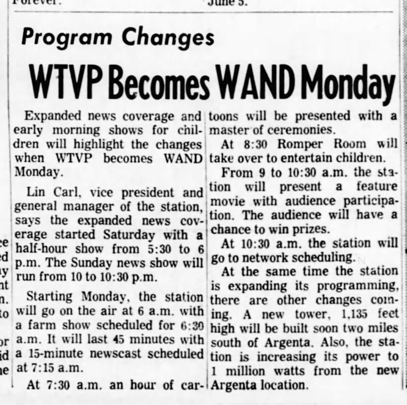 Program Changes: WTVP Becomes WAND Monday