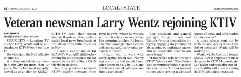 Veteran newsman Larry Wentz rejoining KTIV