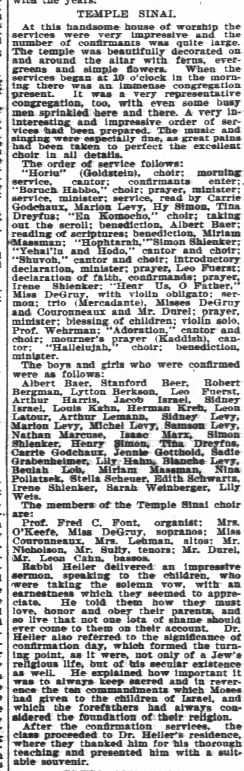 Lytton M. Berkson's Confirmation at Temple Sinai 1899  May 16th