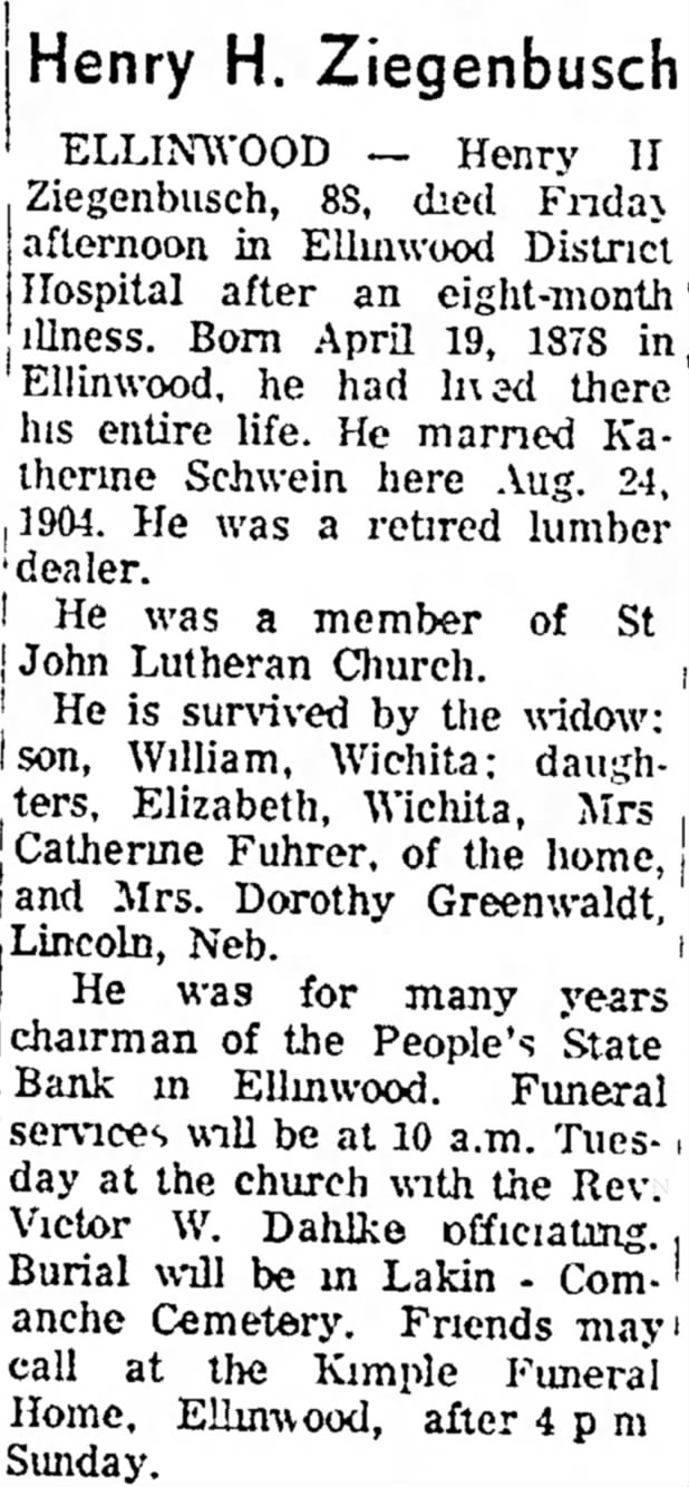 H.H. Ziegenbusch Obituary, 4 Sept 1966, Great Bend [Kansas] Tribune