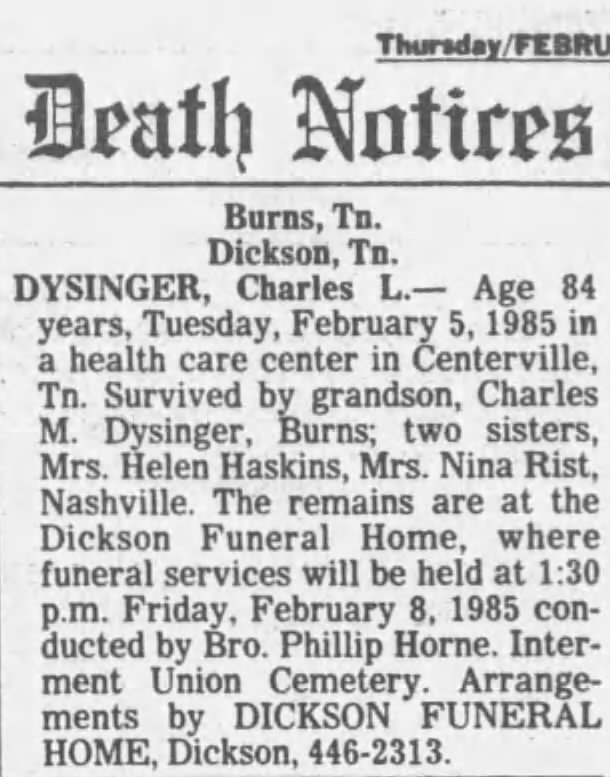 Charles Levi Dysinger - Obituary
