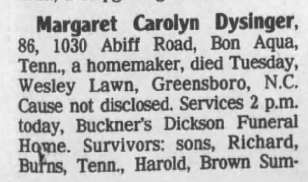 Margaret Dysinger Obitiuary date of death is 4/4/1995