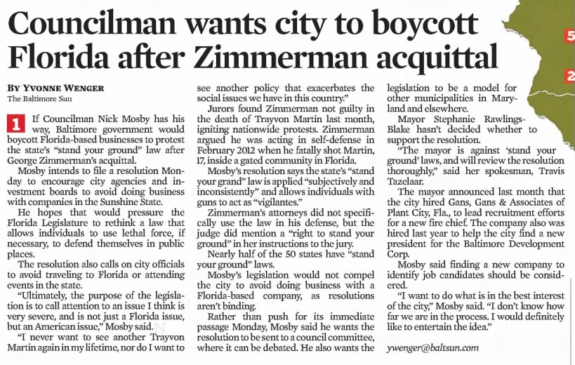 Councilman wants city to boycott Florida after Zimmerman acquittal
