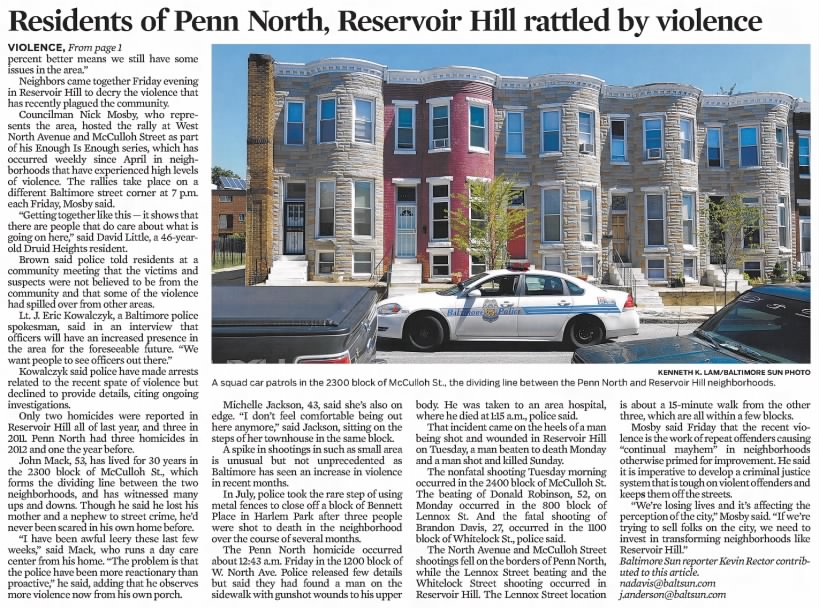 Residents of Penn North, Reservoir Hill rattled by violence