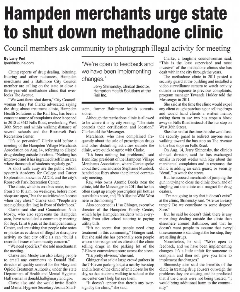 Hampden merchants urge state to shut down methadone clinic