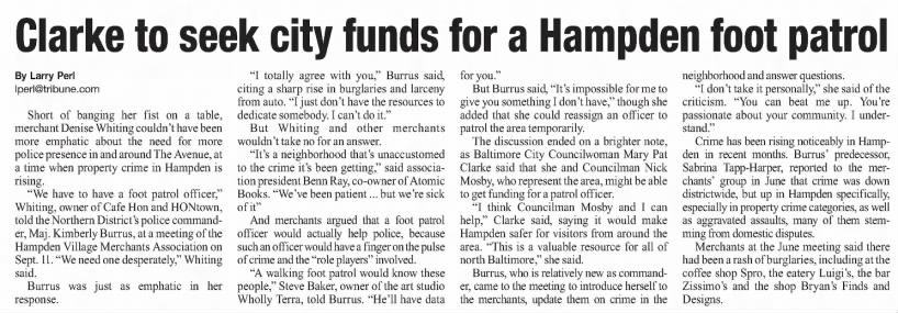 Clarke to seek city funds for a Hampden foot patrol