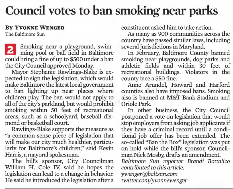 Council votes to ban smoking near parks