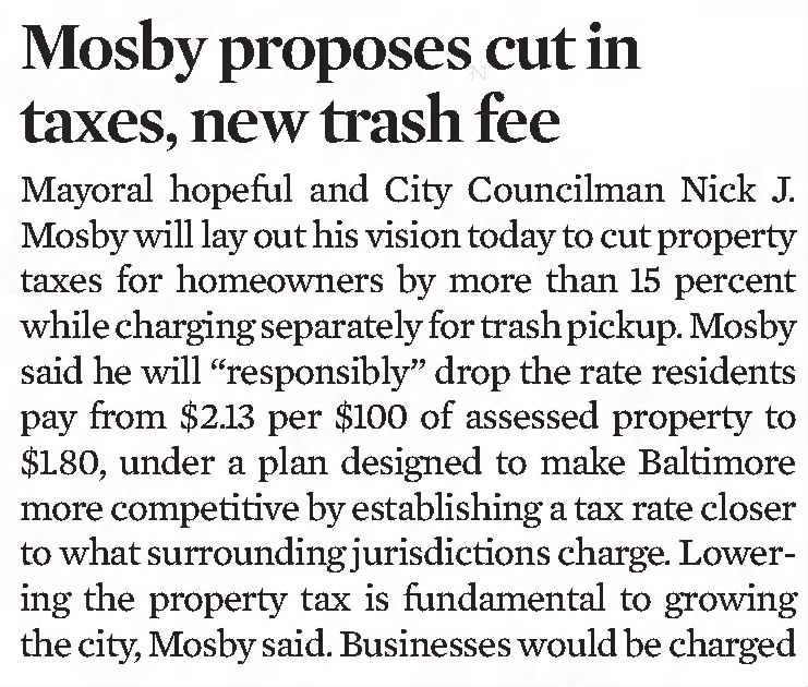 Mosby proposes cut in taxes, new trash fee