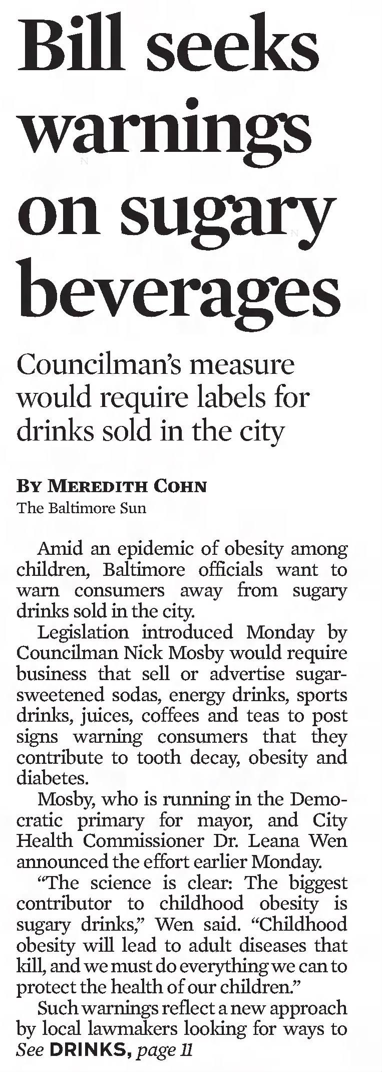 Bill seeks warnings on sugary beverages